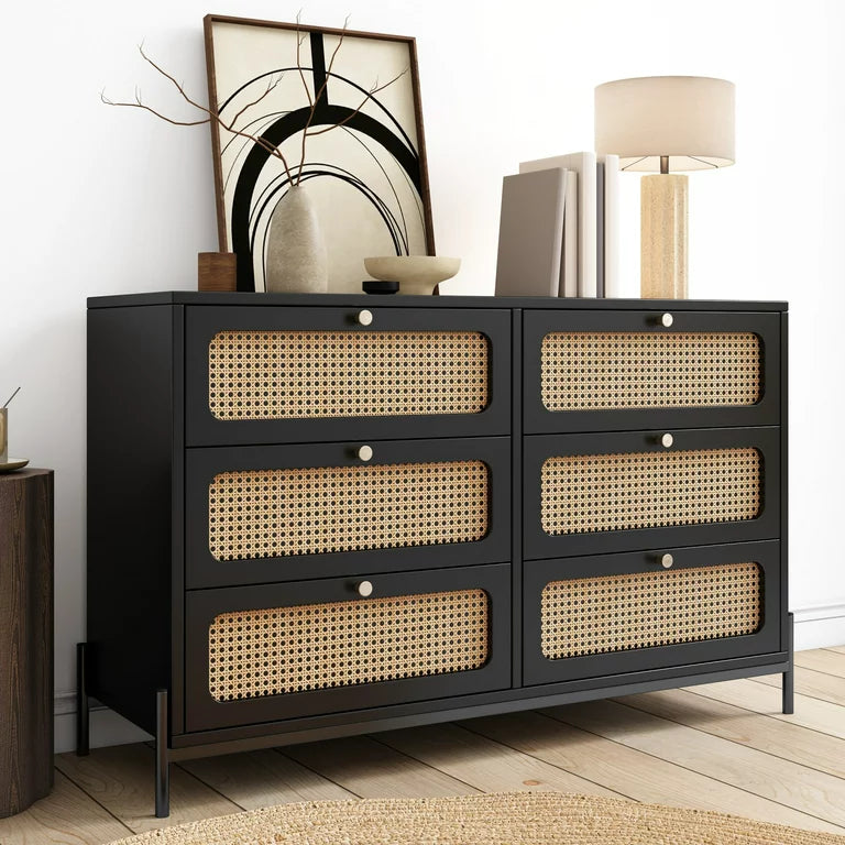 black dresser with pre-woven rattan drawers Dressers Do not use chemical based abrasive cleaning materials Item Weight Rattan, Wood & Metal 3-Drawer