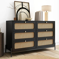 Rattan 6 Drawer Dresser, Modern Wood Dresser for Bedroom with Wide Drawers and Metal Handles and Legs, Storage Chest of Drawers for Bedroom Living Room Hallway Entryway, Black