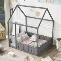 Full Size House Bed for Kids Boys Girls, Wood Floor Bed Frame with Roof and Fence, Box Spring Needed, Gray 78''L x 56.4''W x 68.6''H