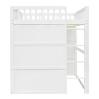 Full Size Loft Bed with Windows and Door, Solid Wood Loft Bed Frame with Ladder and Safety Guardrails House Loft Bed for Kids Boys Girls, No Box Spring Needed, White