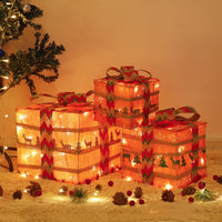 3pcs Gift Box with 60 Lights,Linen and Linen Bows,Us Standard Plugs,Garden Gift Box Decoration for Indoor Outdoor Christmas Party