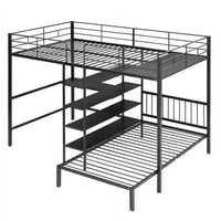 Full Over Twin Metal Bunk Bed, L Shaped Loft Bed Frame with Built-in Desk, Shelves and Ladder, Bunk Bed with Desk, Full Over Twin Bunk Bed, Twin Over Full Bunk Beds (Black)