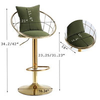 Velvet Bar Stools Set of 2 Adjustable Counter Stools Barstools with Back and Footrest Modern Pure Gold Plated 360 degree Rotation Bar Chairs for Kitchen Bistro Pub Dining Room, Green