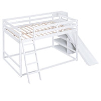 Full over Full Bunk Bed, Wood Bunk Bed with Ladder and Slide for Kids Teens Boys Girls, Space Saving Multifunctional Storage Bed Frame with 3-Story Shelves for Bedroom, No Box Spring Needed, White