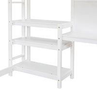 Full Size Loft Bed with Desk,Writing Board and 3-Tier Shelves,Wooden Loft Bed Frame with Safety Guardrails and Side Ladder,for Kids Teens Adults,No Box Spring Needed,White