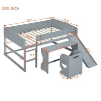 Loft Bed Full Size, Low Study Full Loft Bed with Rolling Portable Desk and Chair, Kids Loft Bed with Slide, Built-in 2 Rung Ladder and Full Length Safety Guardrails for Boys Girls, Gray