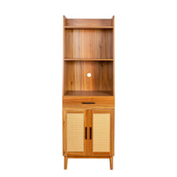 Bookshelf Display Case with Rattan Door and Drawer,Walnut Finish Narrow Bookcase with Open Storage Shelves,Book Shelf for Living Room Bedroom Home Office Kitchen,Oak