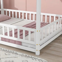 Full Size Floor House Bed with Roof, Kids Floor Bed with Full Length Fence, Playhouse Montessori Bed, Wooden Platform Bed Frame for Kids Teens Girls Boys, Box Spring Needed, White