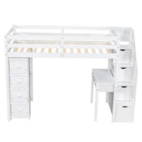 Twin Size Loft Bed with Desk and Storage Stairs, Solid Wood Loft Bed Frame with Drawers and Shelves Functional Loft Bed with Full-length Guardrail for Kids Adults, No Box Spring Needed, White