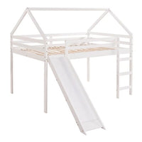 House Loft Bed with Slide, Full Size Wooden Bed Frame with Full-Length Guardrail & Ladder & Under Bed Storage Space, Multifunctional Playhouse Loft Bed for Boys Girls, No Box Spring Needed, White
