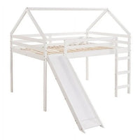 House Loft Bed with Slide, Full Size Wooden Bed Frame with Full-Length Guardrail & Ladder & Under Bed Storage Space, Multifunctional Playhouse Loft Bed for Boys Girls, No Box Spring Needed, White