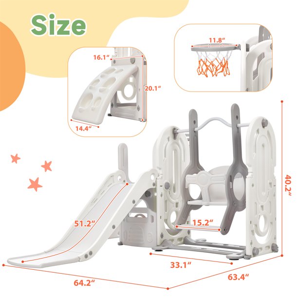 5 in 1 Toddler Slide and Swing Set, Kids Playground Climber Slide Playset with Basketball Hoop and Bus Steering Play Freestanding Combination, Indoor & Outdoor Toys for Kids Teens Boys Girls, Gray