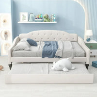 Full Linen Upholstered Daybed with Twin Size Trundle, Full Size Upholstered Tufted Sofa Bed with Nail Head Trim, Trundle Daybed with Wood Frame, Beige