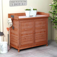 39" Outdoor Potting Bench Table, Rustic Garden Wood Workstation, Waterproof Tool Shed, Storage Cabinet Garden Shed with 2-Tier Shelves and Side Hook, for Mudroom, Backyard, Orange