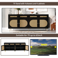 TV Stand with Rattan Door, Console Sideboard Cabinet with 4 Doors and 4 Drawers,Media Accent Kitchen Storage Cabinet,Country Style Design Side Board with Gold Metal Base for Living Room