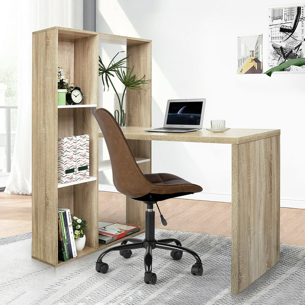 -Shaped Computer Desk, Corner Writing Desktop with 6 Tiers Reversible Open Storage Bookshelves, 2-in-1 Space-saving Laptop Table Workstation for Home Office Bedroom, 47.2"W*19.7"D*29.5"-54.3"H, Oak
