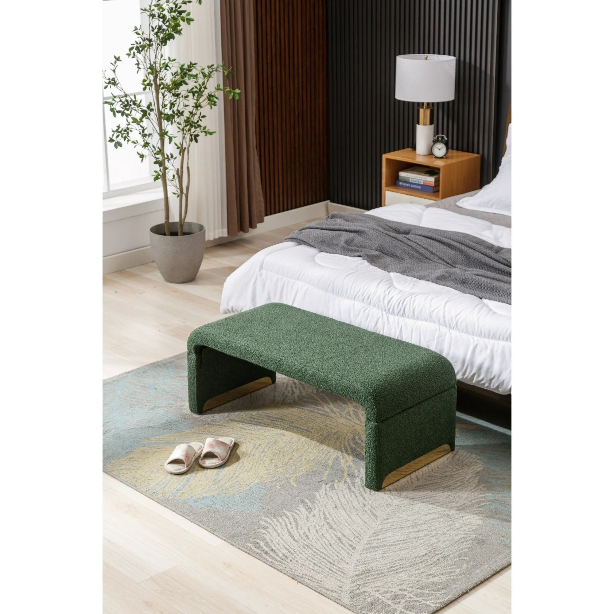 Boucle Fabric Ottoman, Rectangular End of Bed Stool Footstool with Metal Legs, Indoor Bedroom Bench for Entryway Living Room, Green