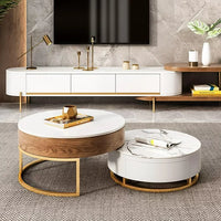 Nesting Coffee Table Set of 2, Modern Stretchable Coffee Table with Lift Top and 2 Drawers, Metal Frame Table with Hidden Storage for Small Spaces, Dark Brown