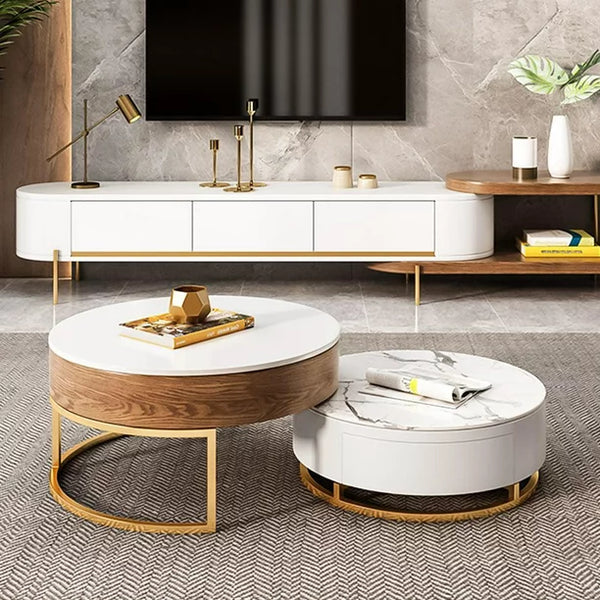 Nesting Coffee Table Set of 2, Modern Stretchable Coffee Table with Lift Top and 2 Drawers, Metal Frame Table with Hidden Storage for Small Spaces, Dark Brown