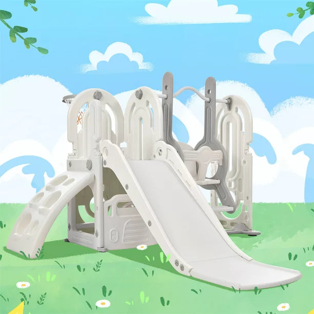 5 in 1 Toddler Slide and Swing Set, Kids Playground Climber Slide Playset with Basketball Hoop and Bus Steering Play Freestanding Combination, Indoor & Outdoor Toys for Kids Teens Boys Girls, Gray