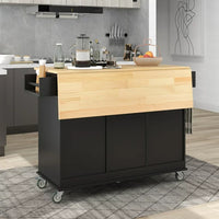 Rolling Kitchen Island with Three Drawers and Storage Cabinet, Kitchen Cart with Store Platform and Drop Leaf, Paper Towel Rack and Spice Rack Kitchen Cart on Wheels