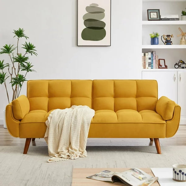 76" Linen Futon Sofa Bed with Adjustable Backrest, Upholstered Loveseat Couch with Solid Wood Legs and 2 Pillows, Convertible Sleeper Sofa for Small Space Living Room Bedroom Office, Yellow