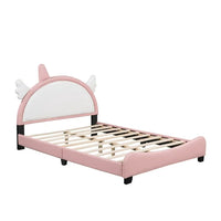 Full Size PU Leather Upholstered Princess Bed, Platform Bed Frame with Unicorn Shape Headboard and Footboard for Kids, Low Full Bed Frame for Girls, Teens, Adult