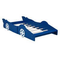 Race Car-Shaped Bed Frame for Kids Toddlers, Twin Size Solid Wood Platform Bed with Wheel and Safety Guardrail & Slats Support Low Floor Platform Bed Frame No Box Spring Needed, Blue