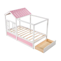 Twin House Bed, Wood Canopy Bed with 1 Storage Drawer, Playhouse Bed with Roof and Window, Montessori Bed Frame for Kids Boys Girls Teens, Pink + White