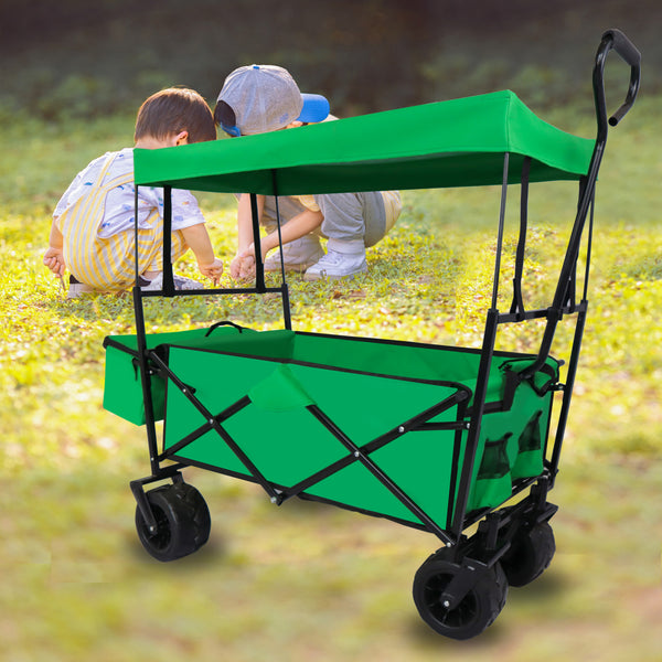Folding Wagon Garden Cart 250LBS Capacity, Portable Beach Trolley Cart with Removable Canopy, Collapsible Wagon Cart with 4 Universal Wheels for Shopping Park Picnic, Beach Trip, Camping, Green