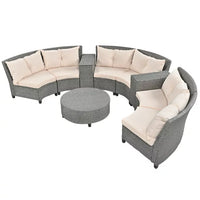 9-Piece Outdoor Wicker Round Sofa Set, Half-Moon Sectional Patio Sofa Set with Side Table, Curved Sofa Set With Round Coffee Table, Steel Legs, Movable Cushion, Beige Cushion & Gray Frame
