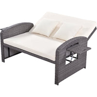 Outdoor Daybed, PE Wicker Rattan Double Chaise Lounge, 2-Person Reclining Sunbed with 3-Height Adjustable Back, Outdoor Patio Furniture Protection Cover, White