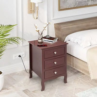 Country Style Side Table, Nightstand with 3 Drawers, Bedside Tables with Wood Frame, Mid-Century Modern Nightstand with Storage, Bed Side Table & Night Stand End Table for Bedroom, Living Room, Brown