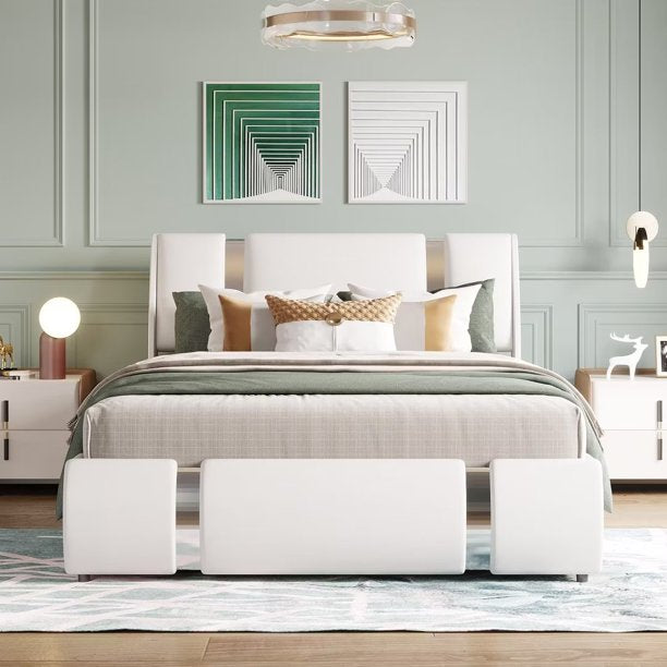 Full Size Upholstered Platform Bed with a Hydraulic Storage System, Faux Leather Platform Bed Frame with Lift Up Storage for Kids Teens Adults, Wooden Slat Support and Under Bed Storage, White