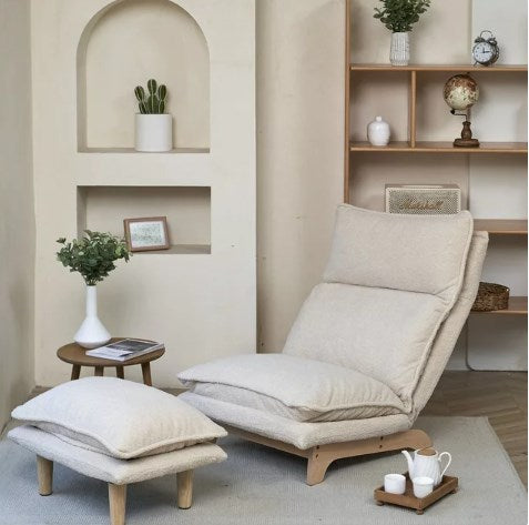 Lazy Chair with Ottoman, Modern Accent Lounge Chair Single Leisure Upholstered Sofa with Adjustable Back, Contemporary Chair Set with Armrests, Reading Chair for Living Room and Bedroom, White