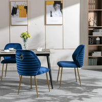 Set of 2 Velvet Dining Chair, Mid Century Velvet Upholstered Accent Chairs with Barrel Backrest and Ring Pull, Modern Side Chairs with Gold Metal Legs for Dining Room Living Room Bedroom, Blue