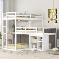 L-Shaped Triple Bunk Bed for 3, Twin Size Bunk Bed with Storage Cabinet and Blackboard Wood Corner Bunk Bed Frame with Full-Length Guardrails and Ladder 3 Bed in 1 for Kids No Box Spring Needed, White