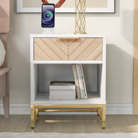 Nightstand with USB Charging Station,Modern Accent End Table with Natural Wood Finish Drawer,Sofa Side Table Storage Cabinet with Metal Legs and Handle,Bedside Table for Bedroom Living Room,White