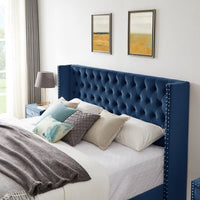 King Size Velvet Upholstered Bed Frame with Two Nightstands, Button Designed Headboard, Strong Wooden Slats, Metal Legs with Electroplate, No Box Spring Needed