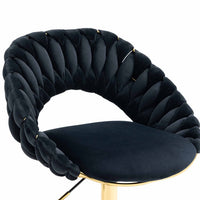 Velvet Office Chair with Hand Woven Backrest,Adjustable Swivel Accent Armchair,Upholstered Tufted Vanity Chair with Gold Base,Ergonomic Study Chair Computer Desk Chair for Living Room Bedroom,Black