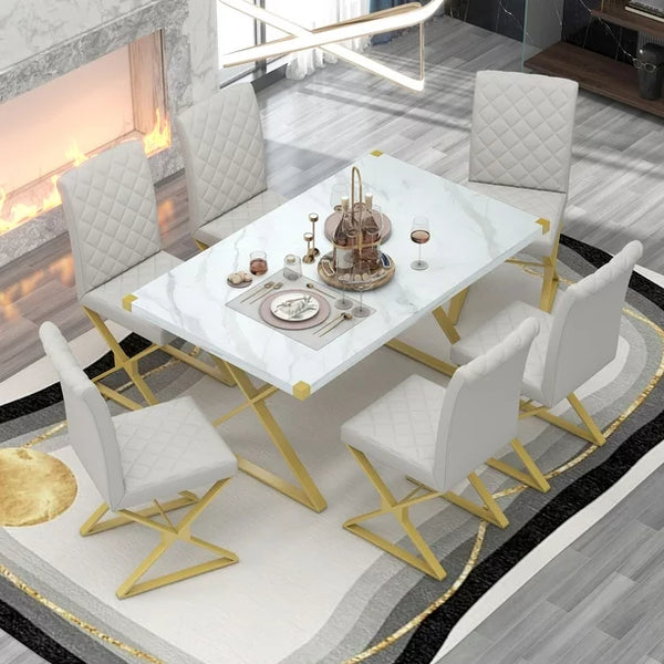 Dining Room Sets,7-Piece Modern Dining Table Set,Rectangular Marble Texture Kitchen Table and 6 PU Leather Chairs with X-Shaped Gold Steel Pipe Legs for Dining Room Living Room,White