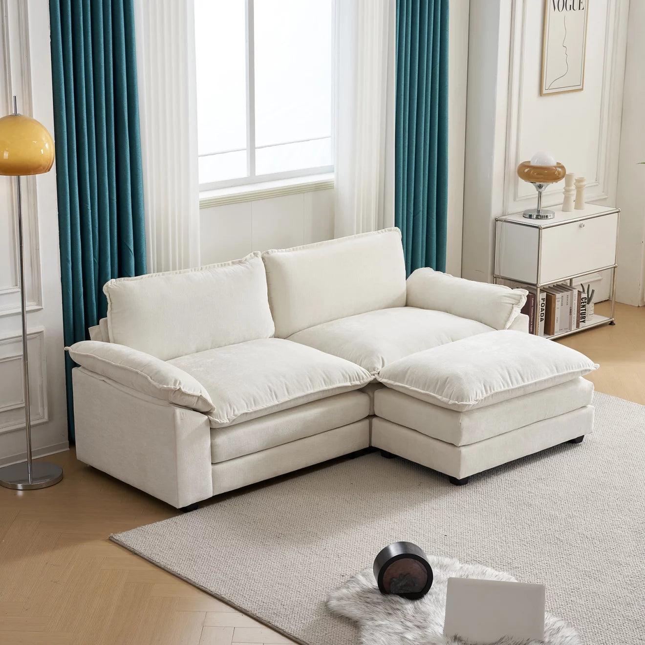 Sectional Sofa Chenille Loveseat Sofa Couch with Ottoman, Modern Deep Seat Sectional Sofa Comfy Upholstered Sofa Couch with Double Layer Seat Cushion for Living Room, Apartment, Studio, Office, White