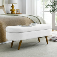 Oval Storage Bench 43.5" Modern Linen Fabric Upholstered Entryway Bench with Rubber Wood Legs Ottoman Bench Indoor Storage Bench for Living Room, Bedroom, End of Bed, Entryway, Bed Side, White