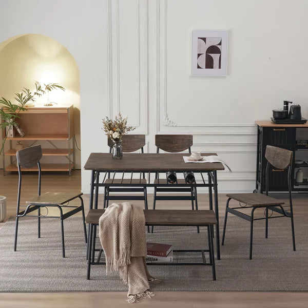 Dinning Table Set for 6, Rectangular Kitchen Table and Chairs Set, Bench, Industrial Steel Frame & Storage Rack, Dining Room, Dinette, Breakfast Nook Small Space (Deep Elm)