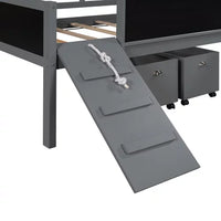 Low Loft Bed with Slide and Two Storage Boxes, Chalkboard, Wood Twin Size Loft Bed with Climbing Frame and Rope (Gray, Loft Bed)