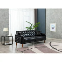 78inch PU Leather Sofa, Mid-Century Modern Button Tufted Couch with 2 Pillows and Armrest, 3-seater Sofa for Living Room Bedroom Office, Black