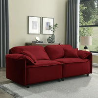79" Sofa Couch, Soft Velvet 3 Seater Sofa, Mid Century Modern Couches for Living Room, Solid Wood Frame, Wide Backrest, Square Armrest, 2 Throw Pillows, Fit for Home Office Apartment, Red