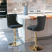 Swivel Bar Stools Set of 2, Adjustable Counter Height Barstools with Button Tufted Back and Golden Footrest, Velvet Nailheads Trim Bar Chairs for Dining Room Bar Kitchen Pub, Black