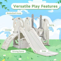 5 in 1 Toddler Swing and Slide Set with Climber, Kids Playground Climber Slide Playset with Safety Belt, Armrest, Basketball Hoop, High Adjustable Baby Swing Set for Indoor Outdoor Backyard, Gray