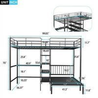 Full Over Twin Metal Bunk Bed, L Shaped Loft Bed Frame with Built-in Desk, Shelves and Ladder, Bunk Bed with Desk, Full Over Twin Bunk Bed, Twin Over Full Bunk Beds (Black)